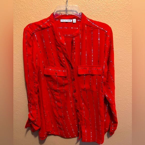 Notations red and silver bling blouse - Picture 1 of 10